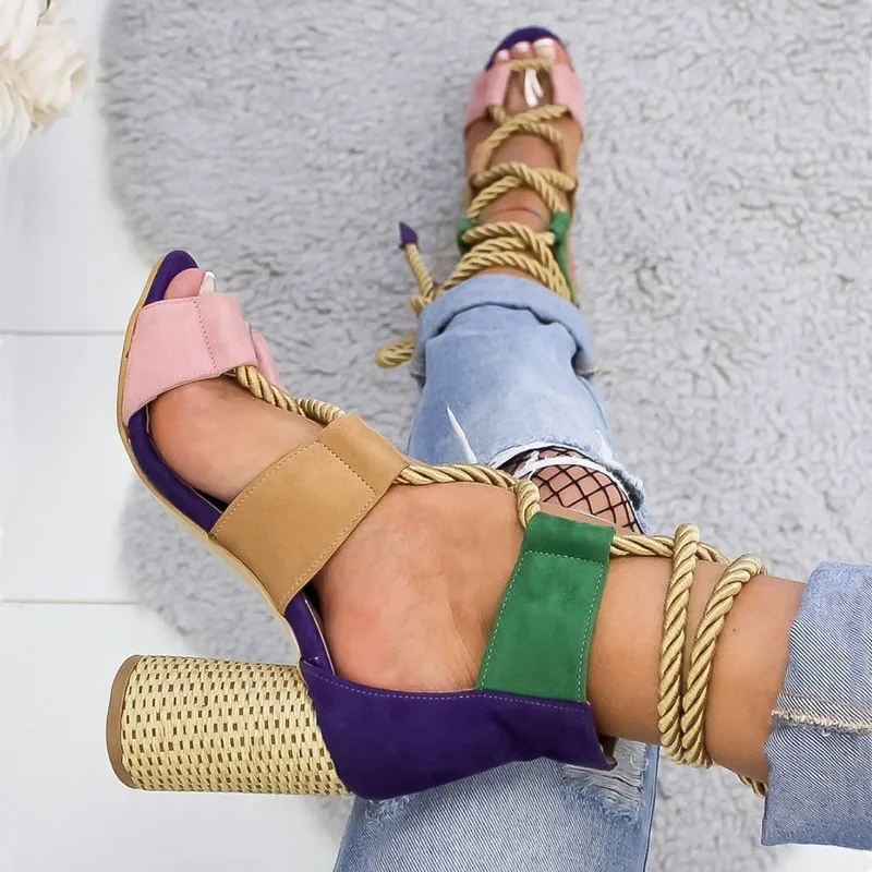 Сандалии женские на высоком каблуке босоножки-гладиаторы с пеньковой веревкой