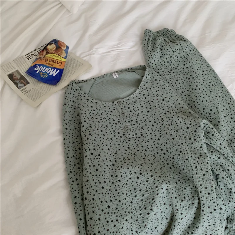 

Printed Home Service New Sleepwear Female Round Neck Pajamas Spring and Autumn Night Gowns Star Home Service Two-Piece Suit