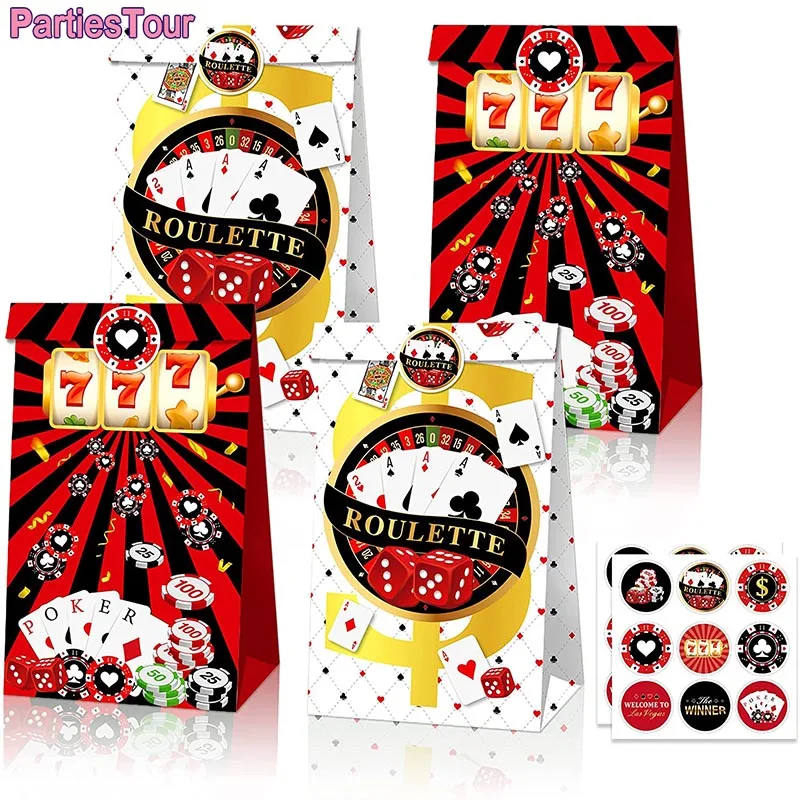 

12pcs Casino Themed Poker Candy Paper Bag with Sealing stickers for Las Vegas Night Party Favors Game Night Adult Birthday Decor