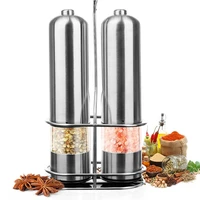 2pcs electric salt and pepper grinder set with metal stand automatic stainless steel pepper mill led light spice mill for kitche