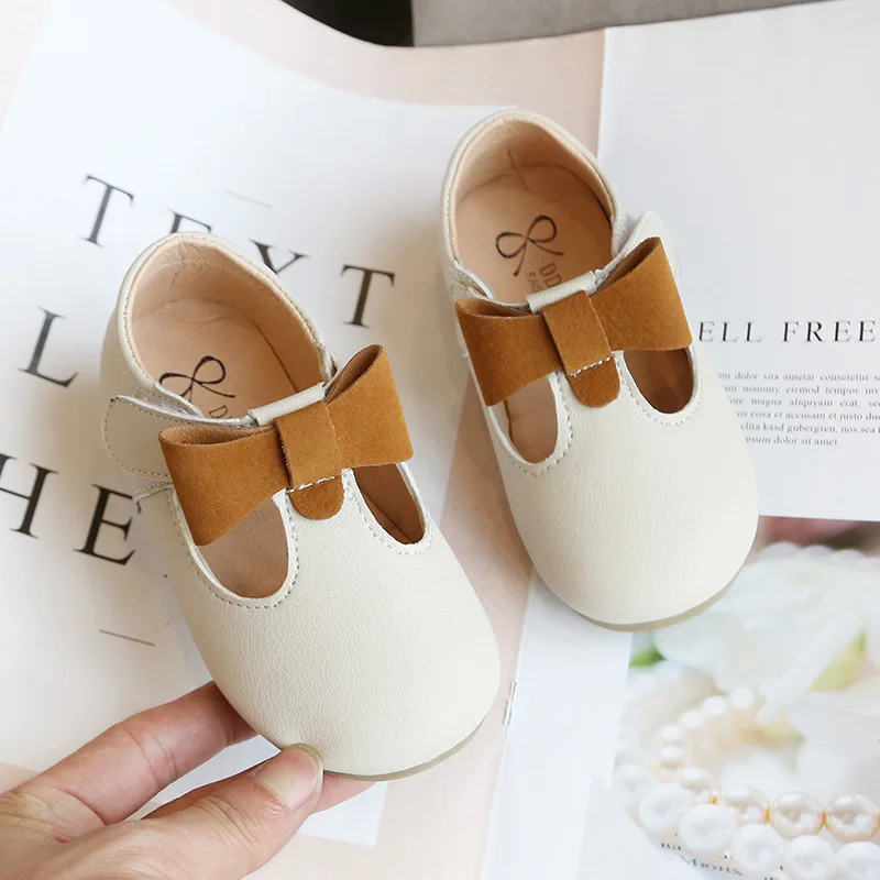 

Princess Toddlers Girls Leather Shoes T-strap With Bow-knot Kids Flats Cut-outs Dress Shoes Soft 2021 Spring Autumn New Sweet