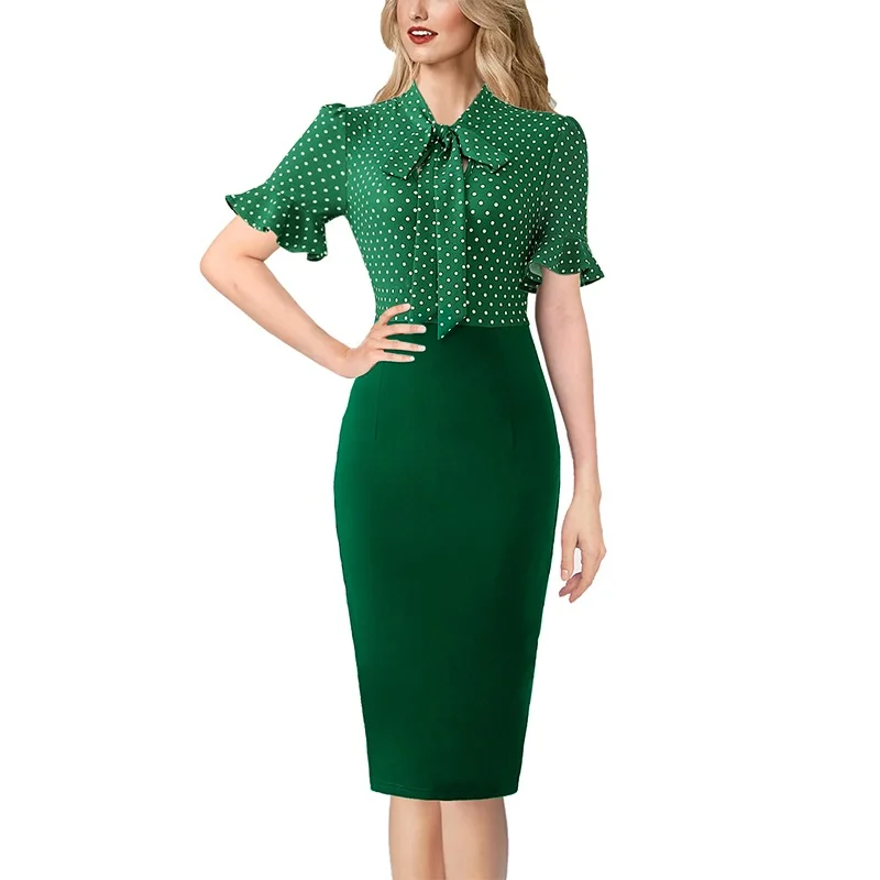 Green White Dot Vfemage женское элегантное платье с рукавами-колокольчиками и замочной скважиной на шее, с принтом, из кусков, для работы, бизнеса, офиса, вечерние, облегающее платье-футляр 2843 - Цвет: Green White Dot