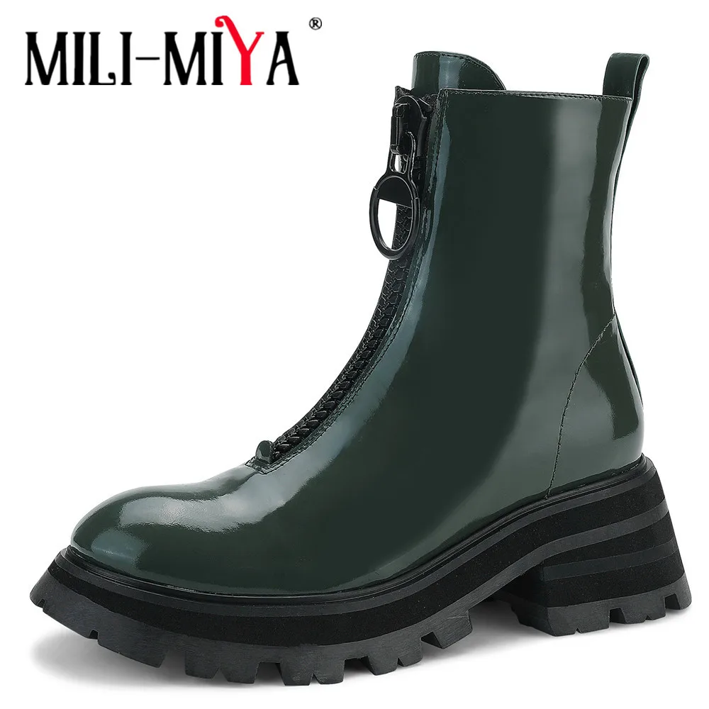 

MILI-MIYA New Front Zipper Genuine Leather Platform Women Ankle Boots Solid Black Beige Round Toe Square Thick Heel Casual Shoes