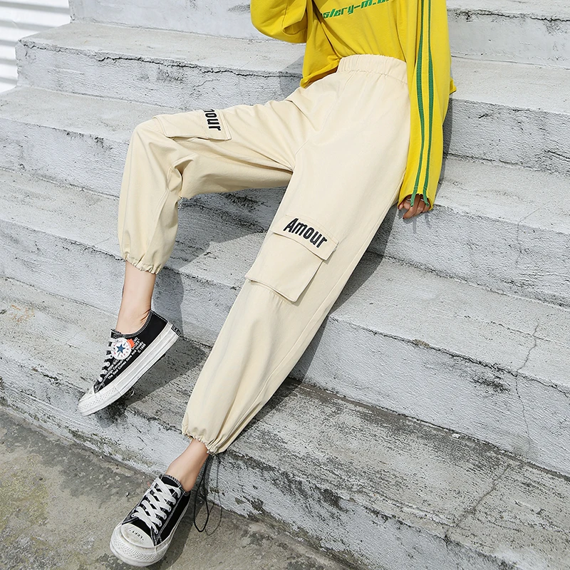 

Overalls Women Solid Letters Printed Cargo Pants Spring Summer Loose Trousers Black Elastic Waist Harem Pants BF Bottoms P9349