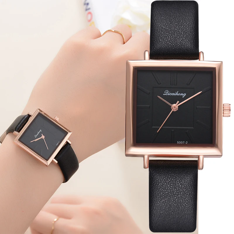 

Women's Square Watches 2021 Luxury Rose Gold Dial Leather Watchband Simple Quartz Wristwatch Female Clock Casual reloj mujer