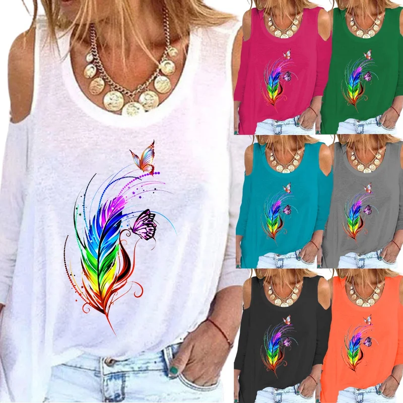 

Новое поступление, весенне-осенняя Женская Повседневная модная Толстовка с принтом перьев, круглым вырезом и длинными рукавами, свободная ...