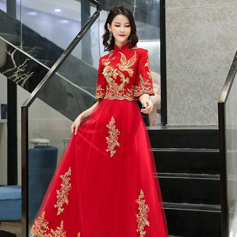 فستان سهرة طويل أحمر ، شيونغسام ، ريترو ، نحيف ، فستان زفاف على الطراز الصيني ، ملابس نسائية ، كيمونو ، فستان رسمي