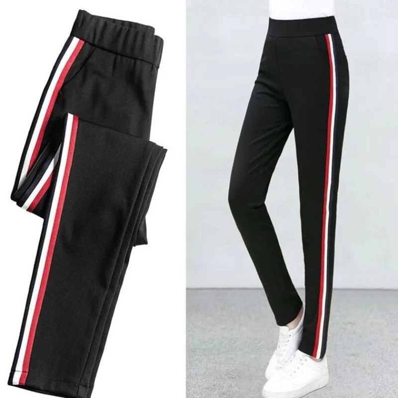 

ROPALIA Women Side Striped Pants Fashion Slim Women Pencil Pants Casual Elastic High Waist Trousers Casual Pockets Trousers