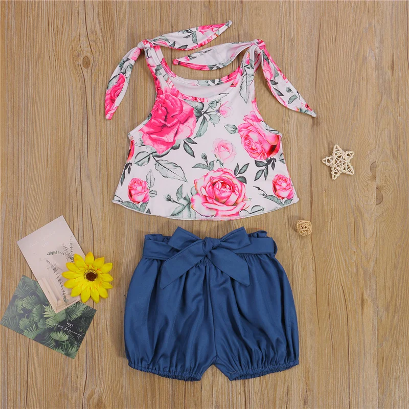 

2pcs Baby Girls Clothes Set,Children Girls Summer Casual White Floral Printed Pattern Sleeveless U-shaped Collar Tops and Shorts