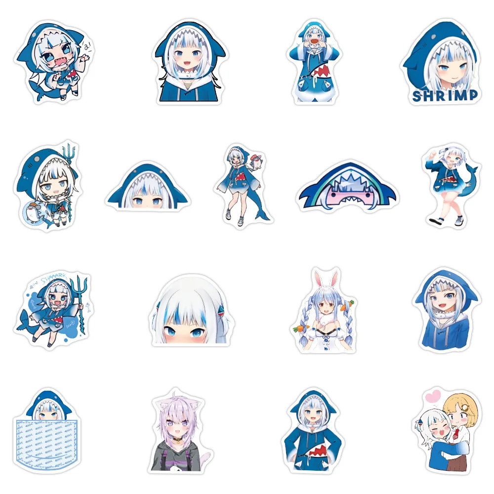Pegatinas de dibujos animados Kawaii Anime Girl Gawr Gura, calcoman&iacute;as impermeables de tibur&oacute;n, pegatina para patineta para guitarra port&aacute;til, 50 Uds.-2