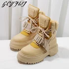 Женские сапоги до середины икры из натуральной кожи на шнуровке на плоской платформе Botas De Mujer на толстой подошве с ремешком с пряжкой разноцветная женская обувь