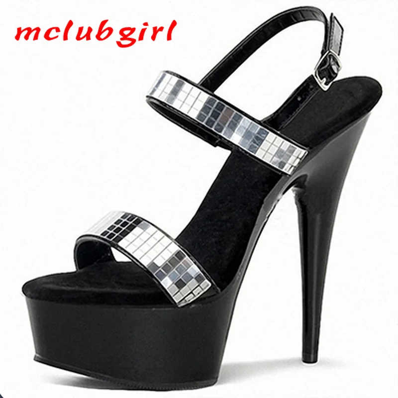 

Mclubgirl/модные босоножки на очень высоком каблуке 15 см с пряжкой и круглым носком и блестками; Модельные босоножки на тонком каблуке; LYP