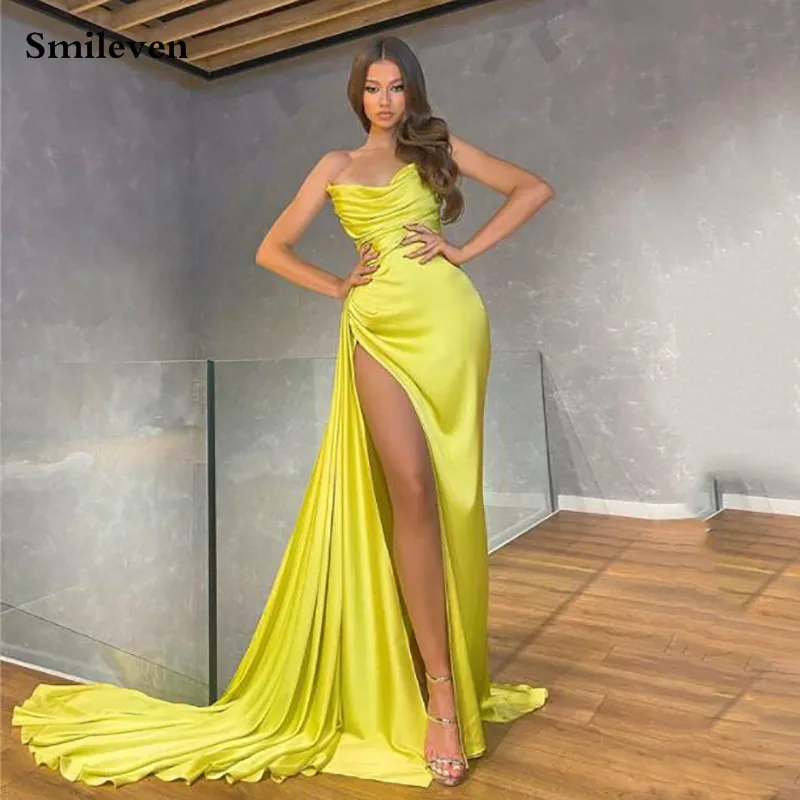 Smileven Yellow Sexy V Neck Mermaid Evening Dress Strapless High Side Split Prom Dresses Dubai Celebrity Dresses Party Gowns