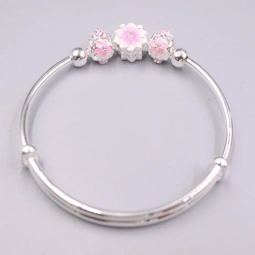 New Pure Solid 925 Sterling Silver Bracelet Beautiful Pink Pattern Flower And Beads Smooth Bangle
