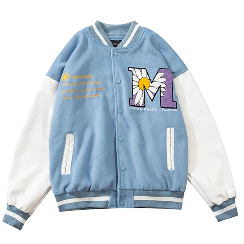

Men's and women's baseball jacket, spring fashion jacket, hip hop style, casual, with daisies, couple