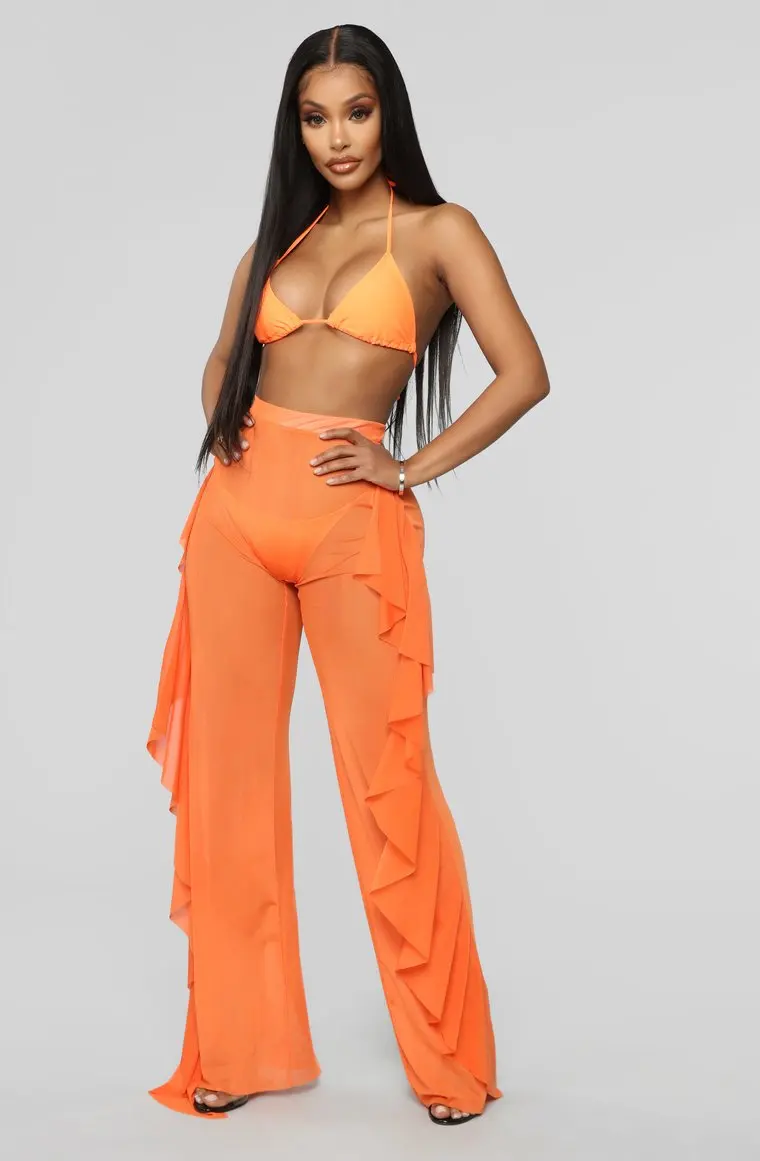 

New Sexy Ruffle Women Beach Mesh Pants Sheer Wide Leg Pants Transparent See through Sea Holiday Cover Up Bikini Trouser Pantalon