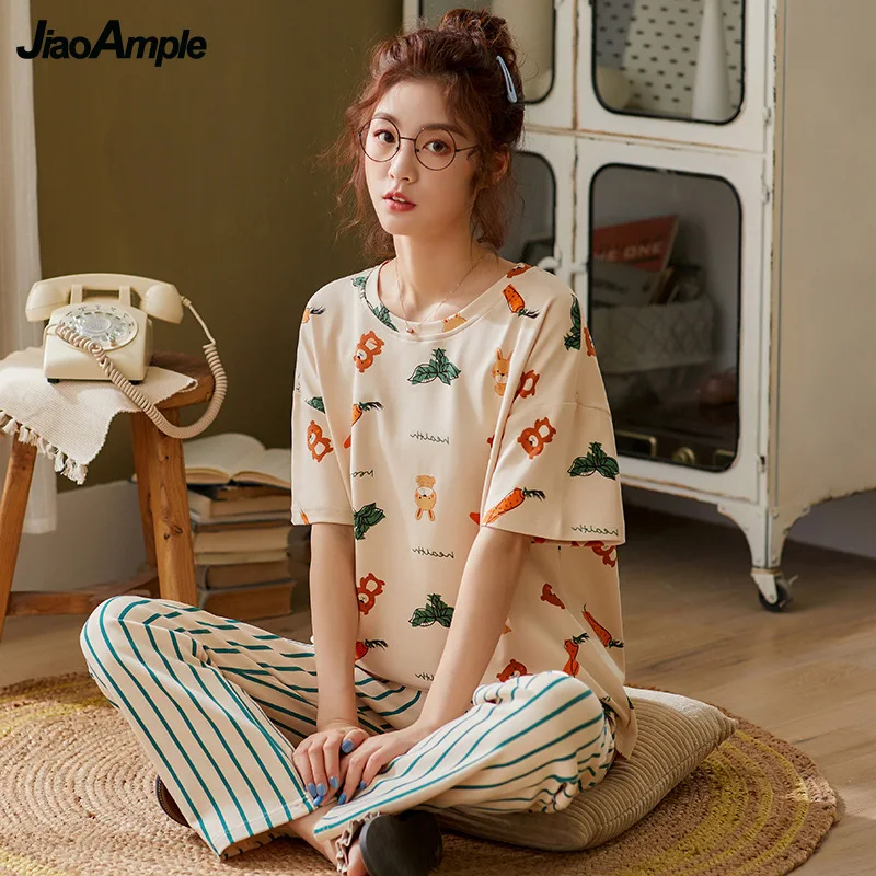 Summer Pajamas Women's Cotton Cartoon Short-sleeved Trousers Pijamas Two-piece Korean Fashion Thin Cute Nightwear Homewear Set