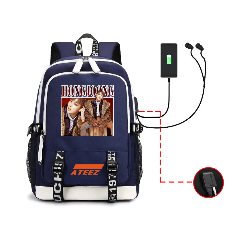 Kpop Ateez рюкзак периферийная сумка мужская и женская сумка на оба плеча Usb гарнитура линия компьютерная упаковка - Цвет: Blue -hongjoong