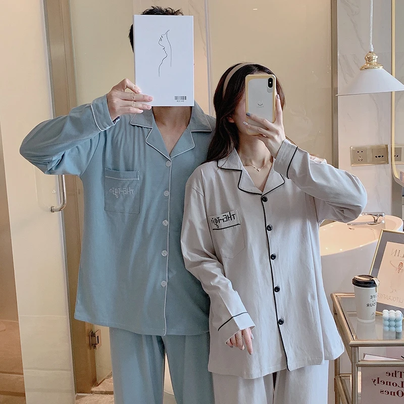 CAIYIER Couple Winter Pajamas Set Soild Colorful Cotton Nightwear Leisure Long Sleeve Men & Women Loves Sleepwear Pijamas Mujer