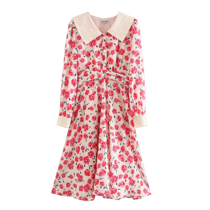 Женское мини платье на пуговицах милое с цветочным принтом и воротником в стиле