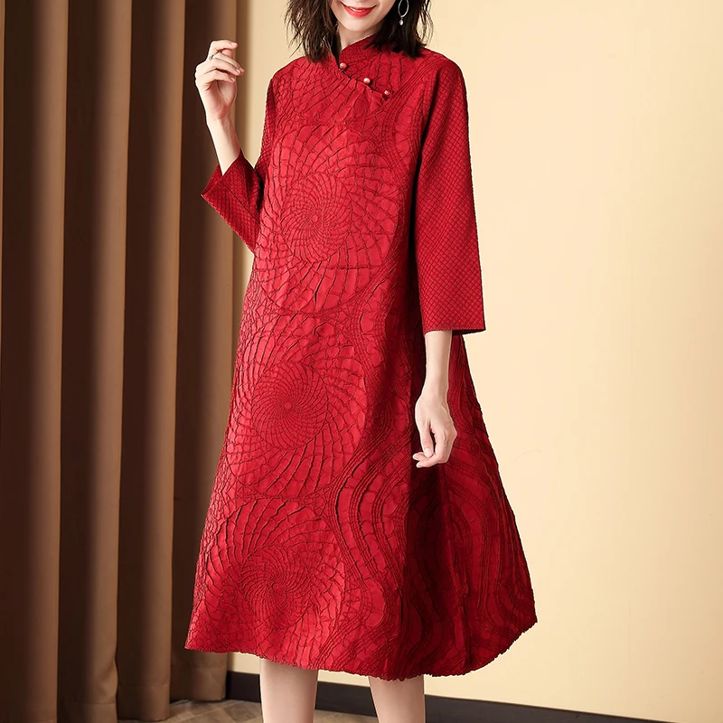 

Vintage Dress Chinese Style Women Spring Fashion Stand Collar 3/4 Sleeves Loose Miyake Pleated Solid Color Dress