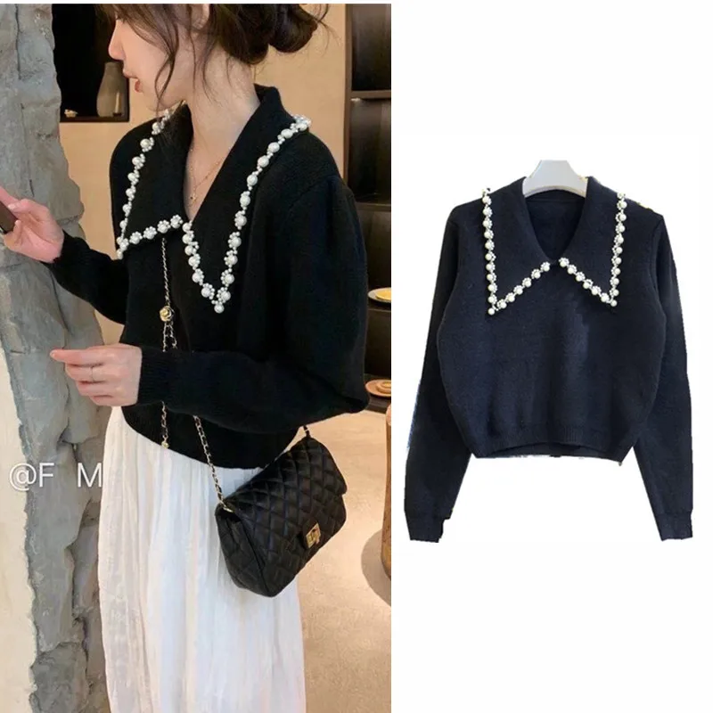 

New pearl lapel knitting loose short knitted jumper temperament commuting sweater women SDX-J199416673