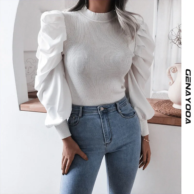 

Genayooa Knitted Lantern Sleeve Women's Blouse Korean Style 2021 Autumn Spring Elegant Shirt Women Clothes Harajuku Tops