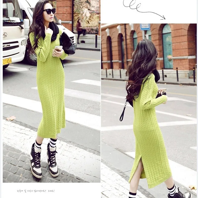 Elegant korean style women sweater knitted dress Autumn winter o-neck female long Sexy holiday solid ladies | Женская одежда