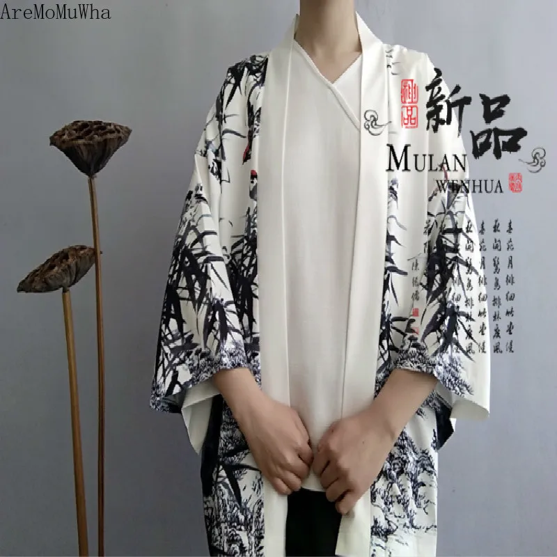 

AreMoMuWha Summer New Mens Coats and Jackets Ink Printing Sunscreen Shirt Men's Robes Hanfu Shirt Cardigan Thin Coat QX798
