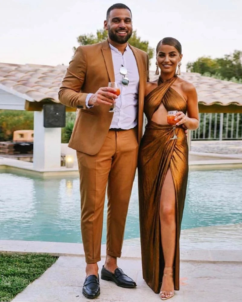 

High-quality Dark Camel Peak Lapel Single Button Business Casual Formal Slim Fit Men's Suits Wedding Tuxedos Wear 2 Pieces