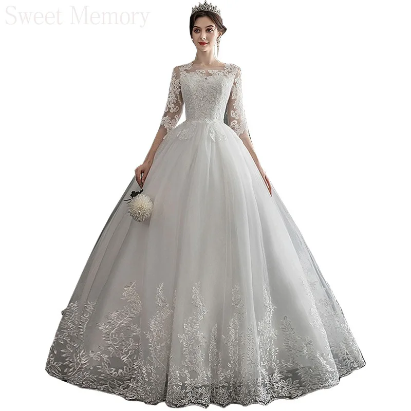 

Sweet Memory Illusion Embroidery Lace Half Sleeve Wedding Dresses Bride Plus Size Dress Formal Gown for Women Vestidos Novia