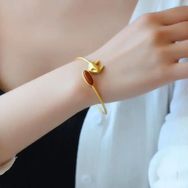 

Natural southern red tourmaline fox bracelet adjustable Chinese retro court style unique ancient gold craft charm silver jewelry