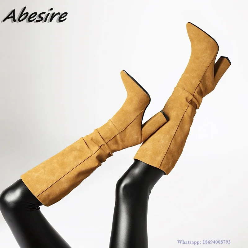 

Abesire Long Women Boots Solid Suede Slip On Square Chunky High Heel Pointed Toe Knee High New Autumn Winter Big Size Shoes