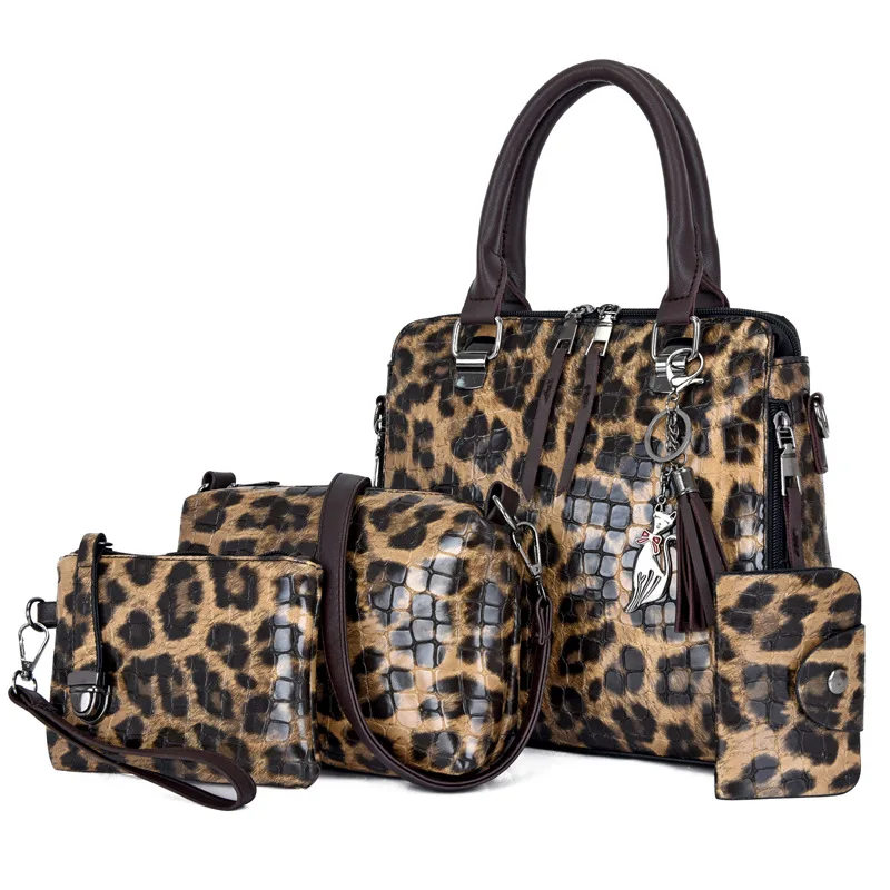 4PCS Handbags Women Designer Large Capacity Shoulder Bag Stone Pattern PU Leather Crossbody Bags Sac A Main Femme Leopard Bag