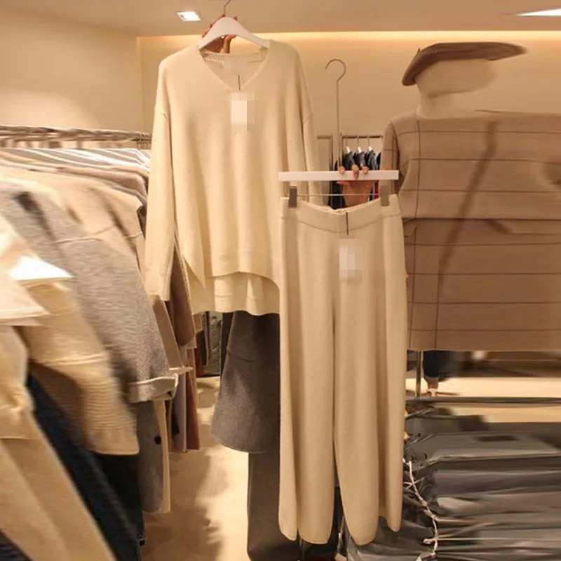 

Japan Francais Wide Legs Pants Knit 2 Piece Set High Quality Long Pullover Sweater Elastic Waist Knitted Trousers Suit 3 Color