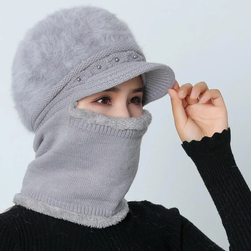 Высококачественные зимние шапки для женщин Skullies Beanie cap шляпки из шерсти набор теплая маска Gorras шапка из кроличьего меха Вязаная Шапка