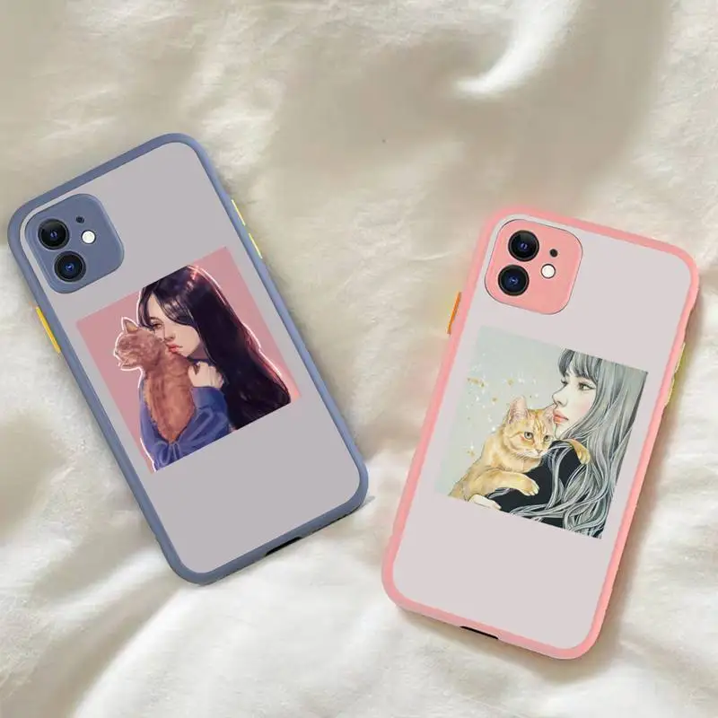 

Animal Pattern Cat And Girl Phone Case for iPhone X XR XS 7 8 Plus 11 12 pro MAX Translucent Matte Shockproof Case