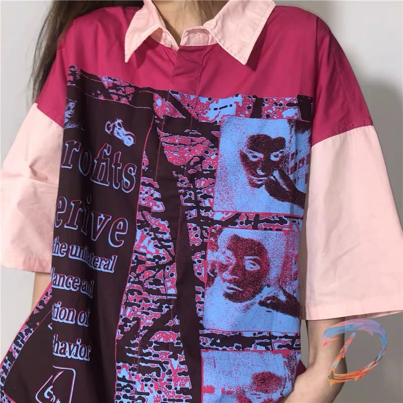 

LIFE CAVEMPT Shirts High Quality Face Ink Stitching Stitching Short-sleeved Shirt Oversize Men Women C.E. Casual Hiphop Shirts