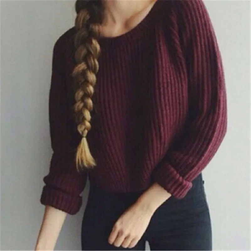 Женский Повседневный укороченный свитер черный облегающий трикотажный пуловер