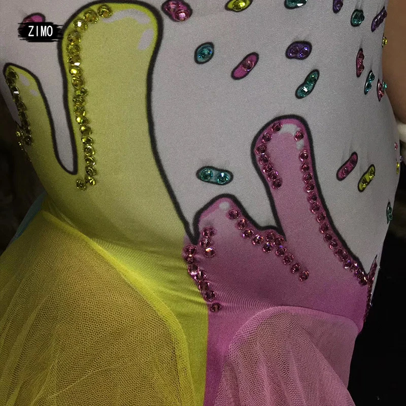 Colorful Rhinestones Bodysuit Leggings Costume Female Singer Stage Wear Mash Dance nightclub bar Party Stretch Jumpsuit Outfit