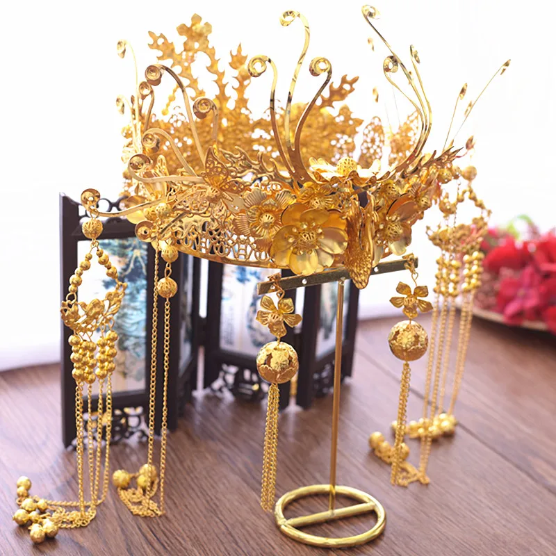 

Bride golden crown Chinese style ancient headdress Xiuhe kimono Phoenix crown hair band long tassel wedding hair accessories