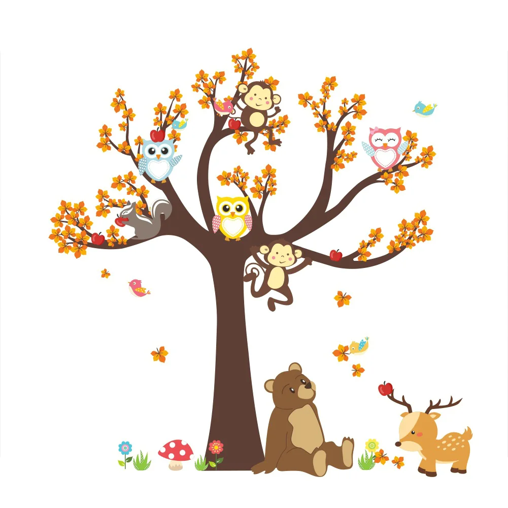 

100CM Cartoon Forest Tree Wall Sticker Branch Animal Owl Monkey Bear Deer Image PVC Wallpaper For Room Bedroom Home Decoration