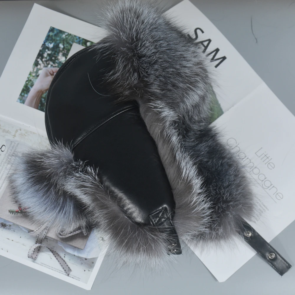 

Men Outdoor Winter Natural Real Fox Fur Bombers Hats Warm Soft Quality Real Raccoon Fur Cap Luxury Real Sheepskin Leather Hat