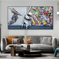 kids behind the curtain graffiti paintings on the wall pop street art canvas posters and prints for living room cuadros decor