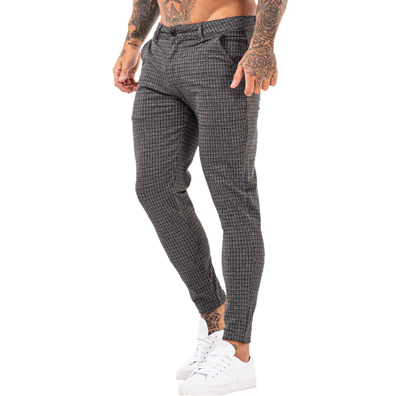 

GINGTTO Men Chinos Trousers Skinny Super Stretch Chino Pants Slim Fit Mens Casual Pant Plaid Elastic Waist London Fashion zm394