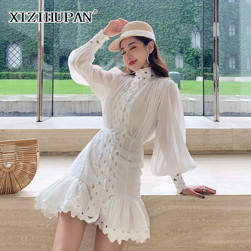 

XIZIHUPAN Temperament Hollow Out Dress For Women Stand Collar Lantern Sleeve Solid Mini Dresses Female Summer Fashion New 2021