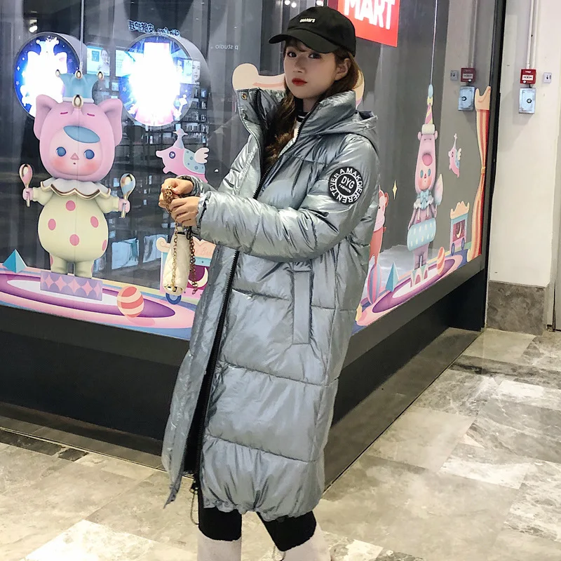 Глянцевая зимняя женская куртка 2019 Повседневная Длинная парка плотное хлопковое