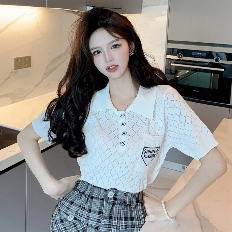 

2021 Summer Short-Sleeved Top Solid Color Polo Collar Knitted T-shirt Female Preppy Style T Shirt Women Tops