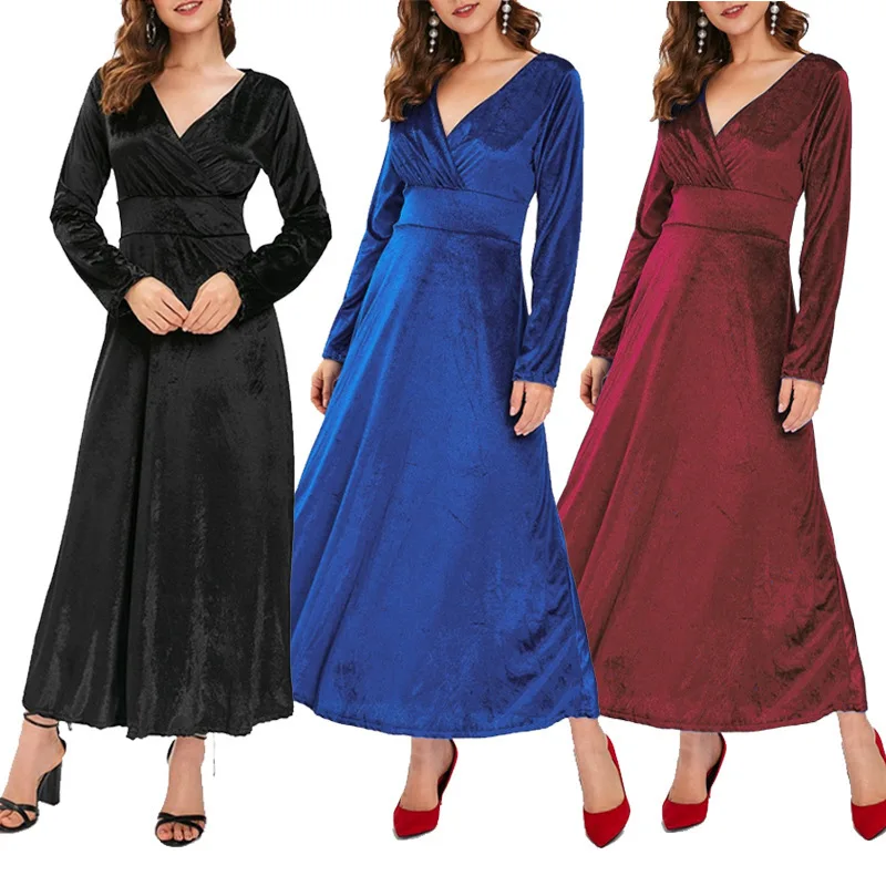 

Женское винтажное офисное платье с поясом, привлекательное однотонное Повседневное платье-трапеция с длинным рукавом и V-образным вырезом ...