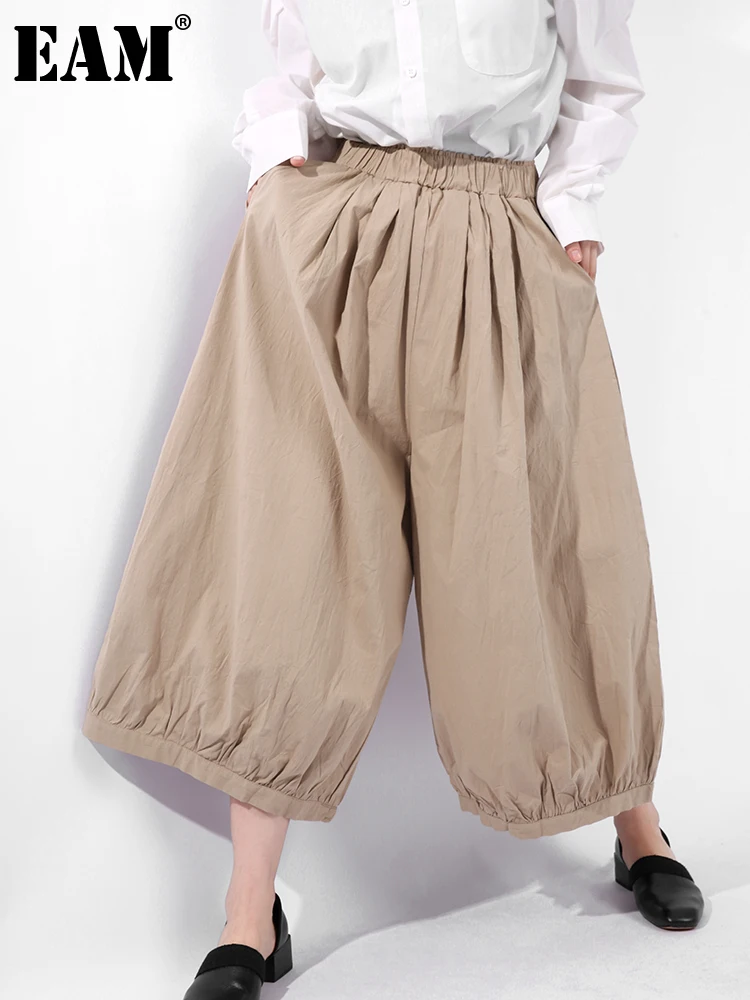 

[EAM] 2022 New Spring Summer High Elastic Waist Loose Khaki Brief Linen Wide Leg Pants Women Trousers Fashion Tide JR01204